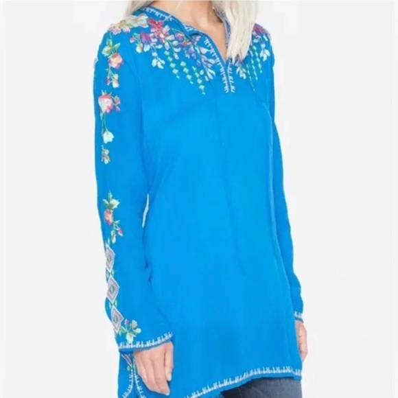 Johnny Was Tops - Johnny Was Vanessa Sheer Embroidered Tunic Blouse Blue Size XXL